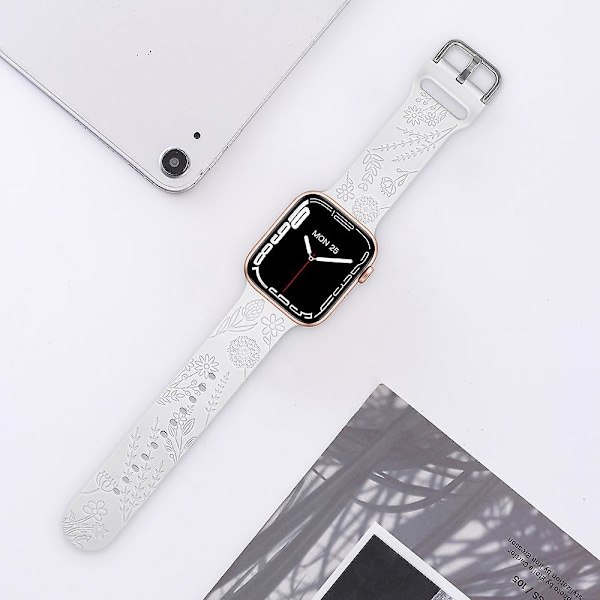 1-pack blommig graverad sportrem kompatibel med Apple Watch-armband 38 mm 40 mm 41 mm, dam blommig lasermjuk silikonarmband ersättning iwatch white 42mm 44mm 45mm