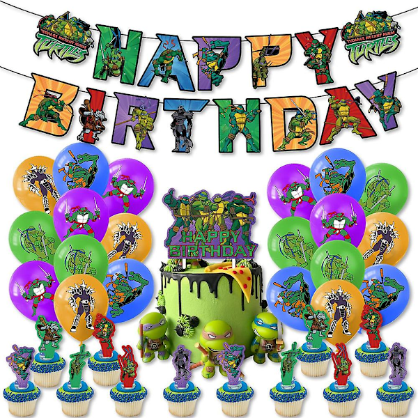 Teenage Mutant Ninja Turtles Temafest Sæt Happy Birthday Banner Flag Ballon Kit Kage Cupcake Toppers Børnefestartikler