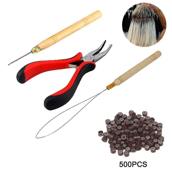 TG 4 i 1 Salong 500 st Microring Set Microringar, Loop Needle Microring Microring Needle Zonge Tool Set för Hårförlängningstillbehör