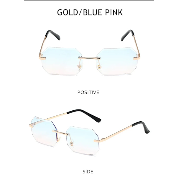 2024 Ottekant Solbriller Metalramme Gafas De Sol Trendy Diamantskåret Kant Rammeløse Solbriller Gold/Blue Pink Octagon Sunglasses
