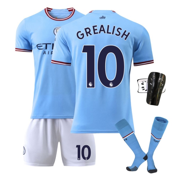 22-23 Manchester City hemma fotbollsdräkt set nr 17 De Bruyne nr 9 Haaland 47 Foden 7 Sterling tröja No. 10 w/ Socks + Protective Gear #XS