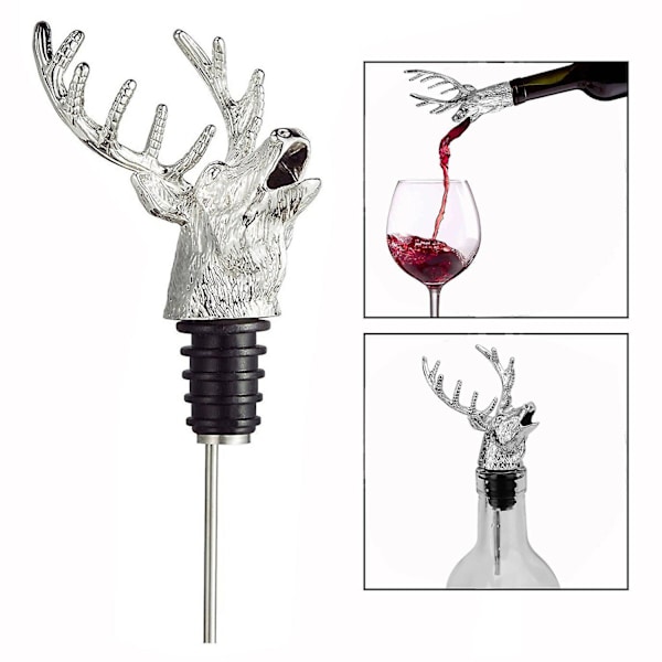 Vinkaraffer och flaskhållare i zinklegering med hjorthuvudform med läckagesäker propp (silver)