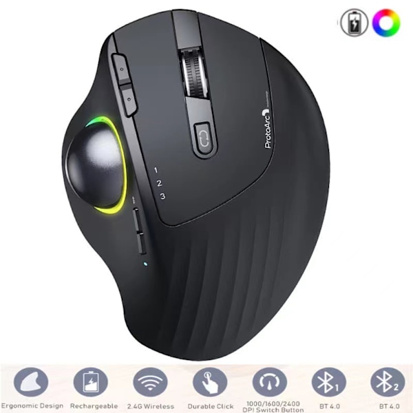 Trådløs Trackball-mus - 2.4G USB + Dual Bluetooth Rollerball-mus, Enkel tommelfingerkontrol, Genopladelig ergonomisk mus Trackball til Mac, bærbar computer black red ball