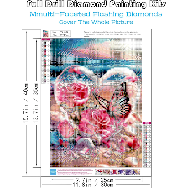 Blommor Heart Diamond Art Kit, 5D DIY Full Drill Seaside Butterflies Måla med Diamanter, Kristall Gem Art för Hemväggdekor 12 x 16 tum