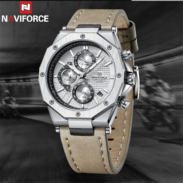 Sport Man Wristwatch Top Brand Luxury Grå Militär Chronograph Äkta Läder Quartz Man Watch Present NA802802 no box