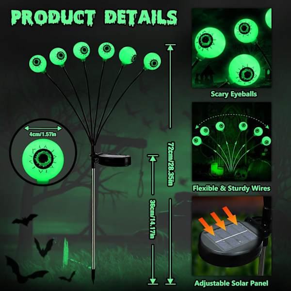 Solcelled Halloween-lys, 2 pakker i alt 12 LED grønne Halloween øjenlys, 2 tilstande, svingende ildflugt Halloween stilys, græsplænedekoration 12 LEDs in box, green
