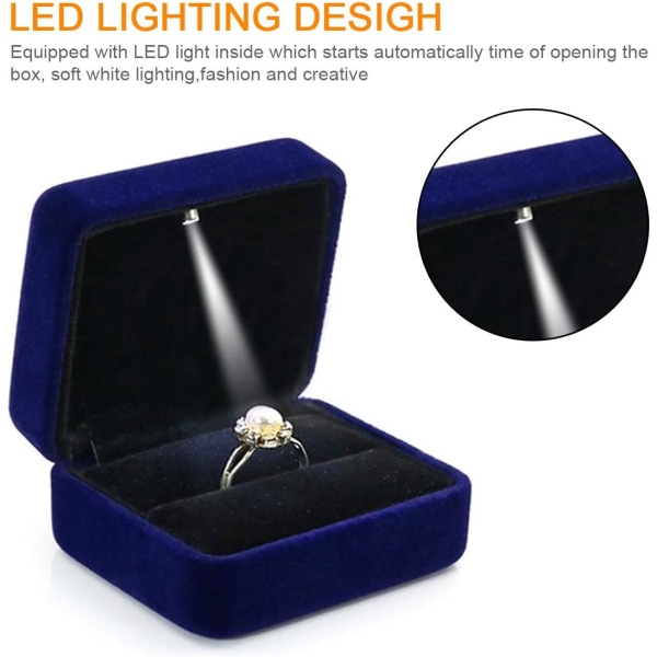 (Blå) Sammetsringask med LED-ljus Ringask för bröllop, frieri