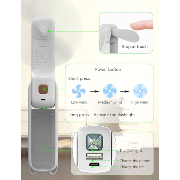 Kätevä minituuletin, 3-in-1-käsipuhallin, kannettava matkatuuletin, pieni taitettava taskutuulletin, henkilökohtainen pöytätuuletin virtapankilla White