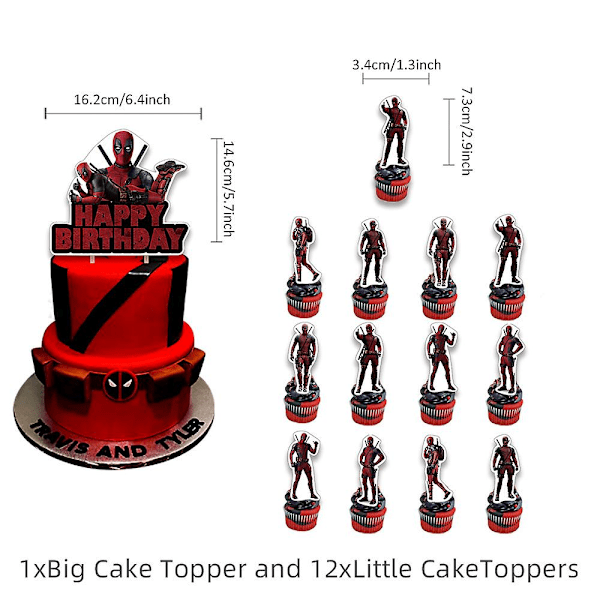 Deadpool-tema festdekorationssats med banderoll, ballonger, tårta och cupcakes-dekorationer