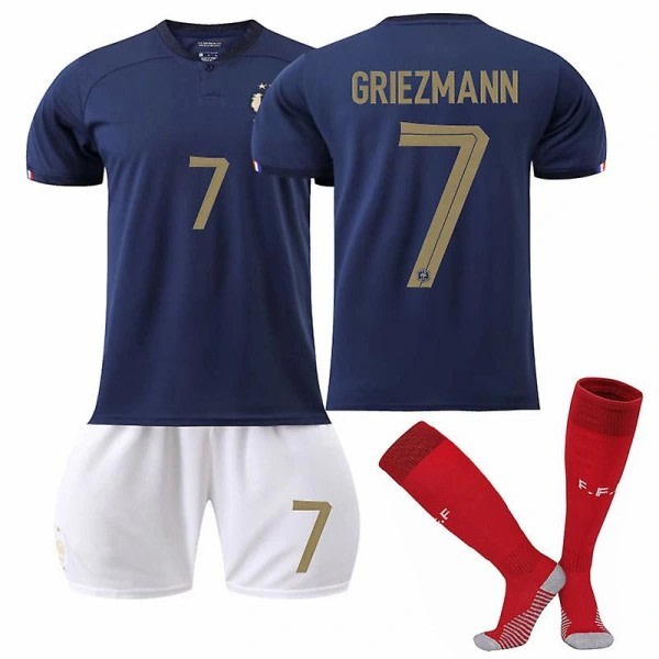 Frankrike Hjemmedrakt 2022/23 VM Griezmann #7 Fotballtrøye T-skjorte Shorts Sett Fotball 3-delt Sett for Barn Voksne Adult M（170-175cm）