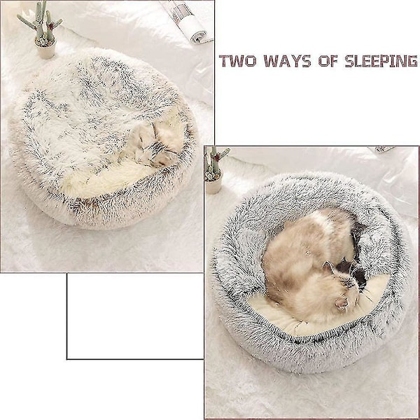 Fluffy katteseng, rund, myk plysj, hule med hette, katteseng, for vinter, varm, sovepute, sklisikker, maskinvaskbar, for katter og valper