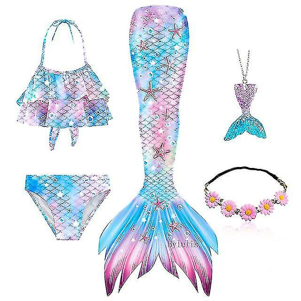 5pcs/set Girls Mermaid Tail Swimsuit Kids Mermaid Ariel Cosplay Costume Fantasy Beach Bikini Set 4