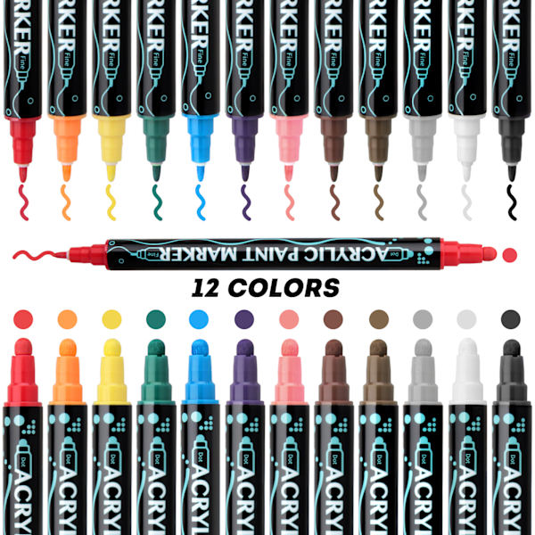 24 Värillinen Kaksinkärkinen Akryylimaalauskynät DIY-Töihin - Premium-taidetarvikkeet puun, kankaan, kiven, lasin ja keramiikan maalaamiseen 12 pcs