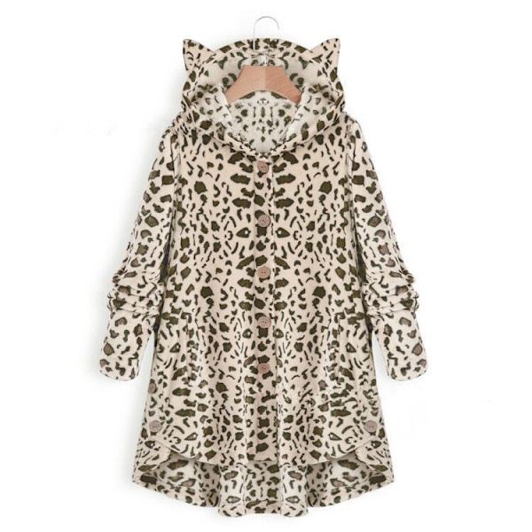 Plysjakke med katteører, uregelmæssig trendy ensfarvet frakke til kvinder Leopard lys farve Leopard light color L