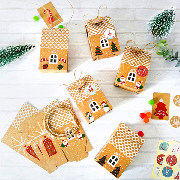 DIY Julkalenderlåda 24 Set Xmas Hus Kraftpapperspåse för Barn Vuxen Nedräkning till Jul Presentpaket