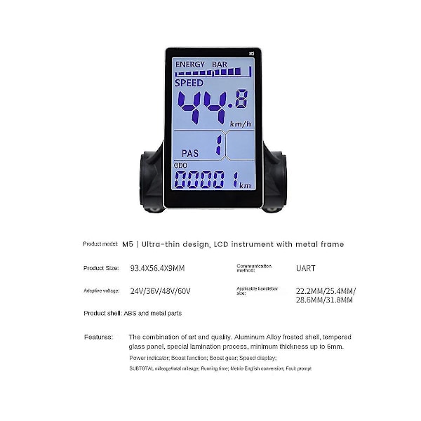 M5 Elcykel LCD-displaymätare 24v 36v 48v 60v E-Scooter LCD-paneldisplay för bergscykel