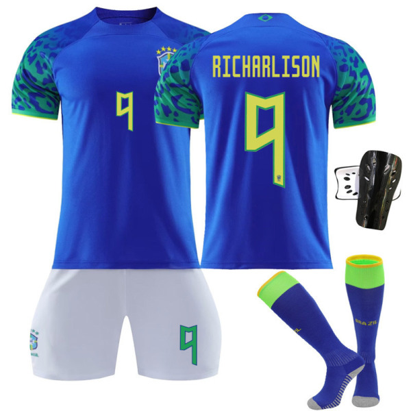 22-23 Brasilien borta blå nr 20 Vinicius 10 Neymar 18 Jesus tröja set fotbollsuniform No. 9 with socks + protective gear #S