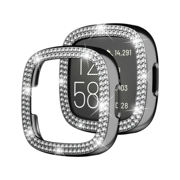 For Fitbit Versa 4 kaksoisrivinen timantti yksivärinen galvanoitu kotelo kello Black
