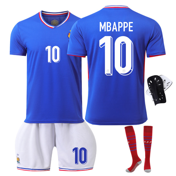 2024 EM Frankrikes landslagströja nr 10 Mbappé fotbollströja 7 Griezmann 9 Giroud 11 Bailey kostym No. 10 socks + protective gear 22 yards