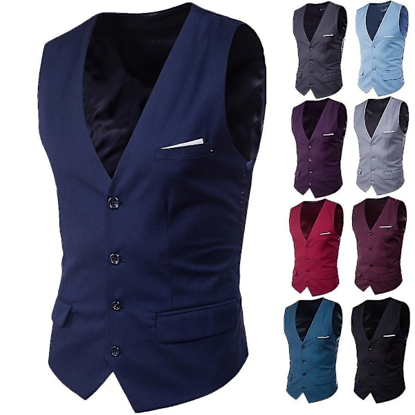 Plus Size Herre Solid Farvet Suit Vest Enkeltbrystet Business Vest - WELLNGS Blå Navy Blue M