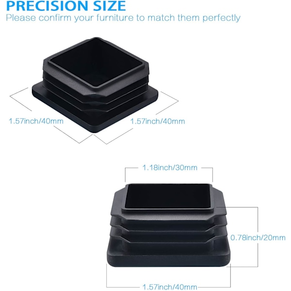 25 st plast fyrkantiga rörpluggar, möbelbenskydd, metallrörplugg, hållbar, halkfri och praktisk, 40x40mm inner fyrkantig plastplugg