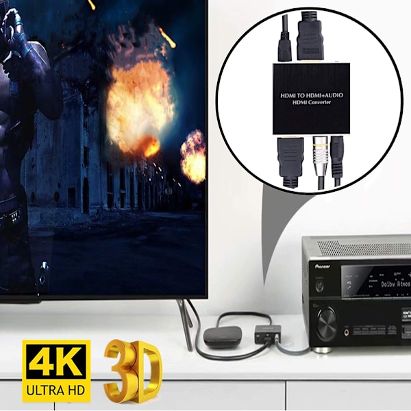 4K HDMI Lyd Ekstraktor Konverter, HDMI til SPDIF Konverter | HDMI til HDMI og Optisk SPDIF med 3,5 mm Stereo Support 3D, 1080p