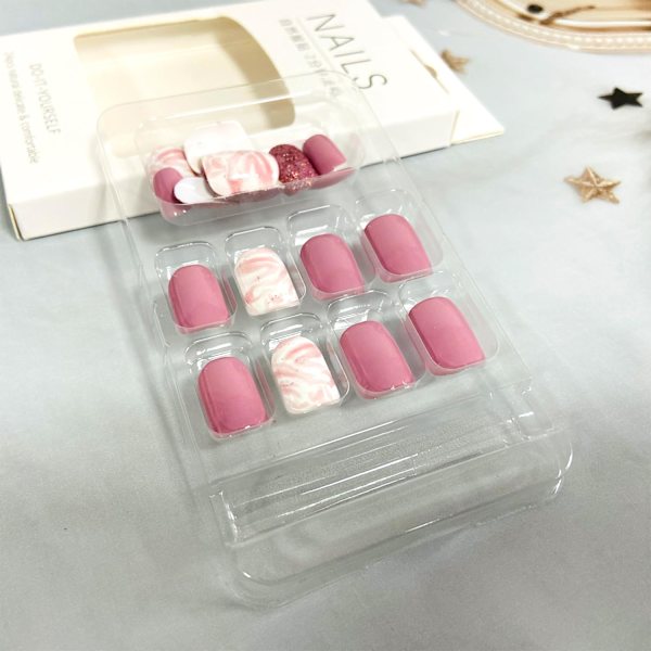 Glitter Pink Solid Color Print On Nails Short Coffin Shape False Nails Shiny Cover Artificial Nails Reusable Stick On Nails