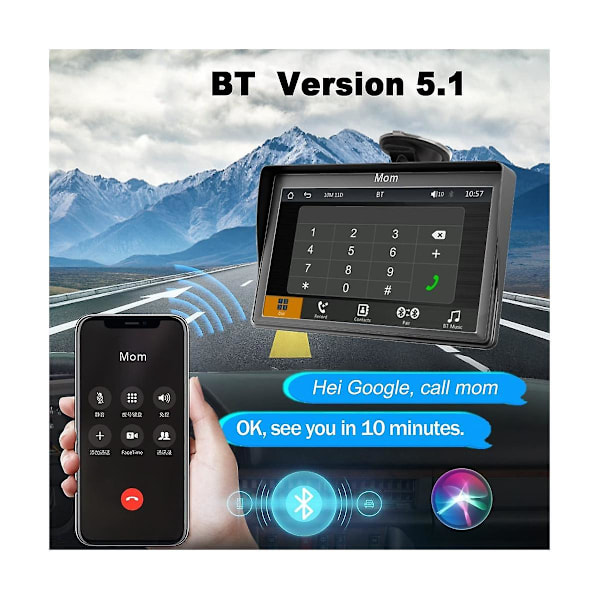 Bærbar Dash Mount Carplay Display 7 tommer Touch Screen, GPS Navigation, Bluetooth Bil Stereo Radio, Backup Kamera, FM Radio