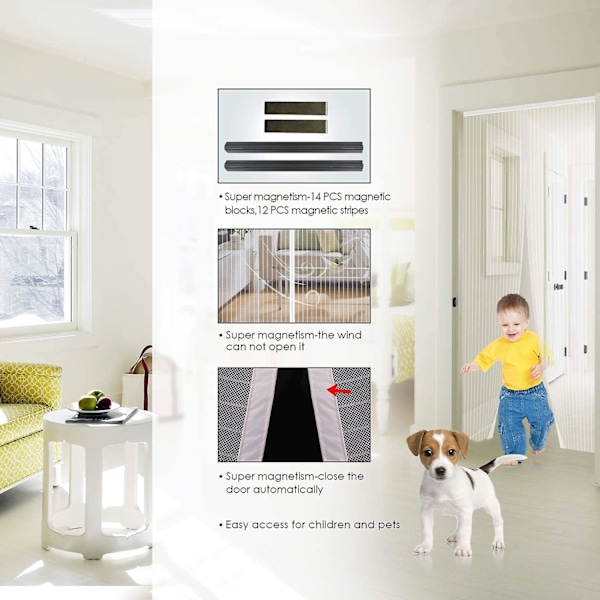 Vit magnetisk myggnätsdörr 90x210 cm med självstängande ultrafint nät för enkel verktygsfri installation, idealisk för barn och husdjur