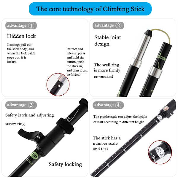1 säädettävät taittuvat vaelluskepit Black External lock 115cm