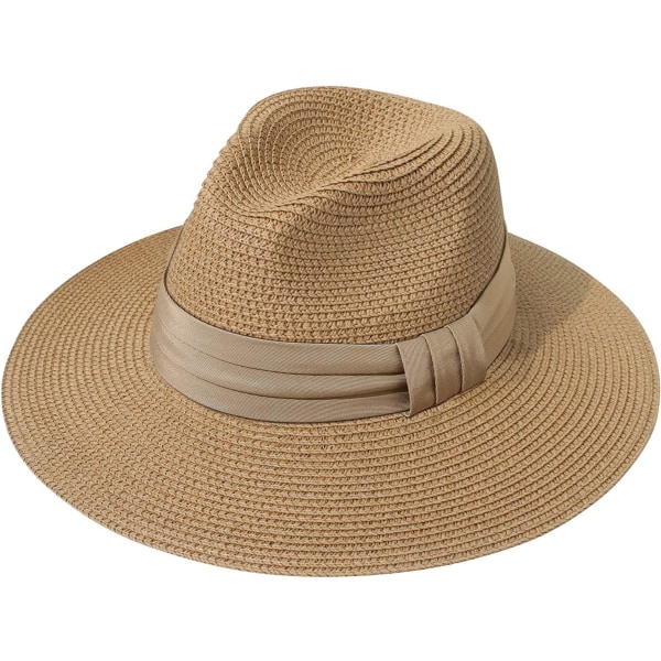 Dames Stro Panama Hoed Fedora Strand Sol Hoed Bred Brätte Stro Oprollen Hoed UPF 50+ Band Khak Khaki band One Size