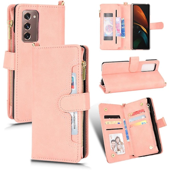 Samsung Galaxy Z Fold 2 -kotelo, vetoketjullinen magneettinen lompakko korttien säilytykseen, PU-nahka, kääntökansi, vaaleanpunainen Pink A