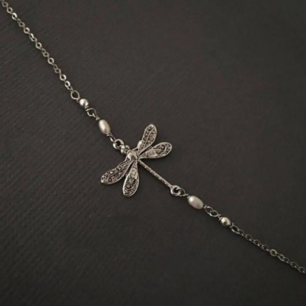 Silver ankelband Dragonfly Faux Pearl Dangle anklet