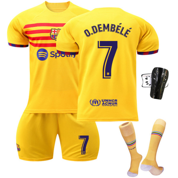 2022-23 Barcelona tre borta gul nr 9 Lewandowski 6 Gavi fotbollsdräkt Catalonia elements tröja Size 7 with socks + protective gear #L