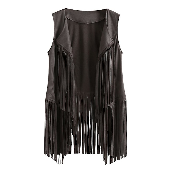 1970'ernes Kvinde Tassel Ærmeløs Vest 70'er Retro Hippie Kunstlæder Frynser Jakke Cardigan Grå Grey M