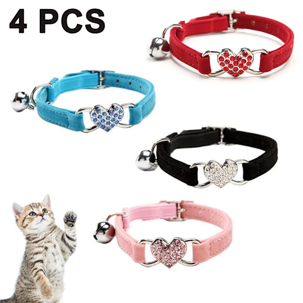 4 (pink, black, red and blue) cat collar with leash and bell, 24-30 cm long, for small and large cats.