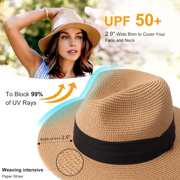 Dames Halm Panama Hat Fedora Strand Solhat Bred Skygge Halm Rulle op Hat UPF 50+ Fedora Khak Fedora Khaki One Size