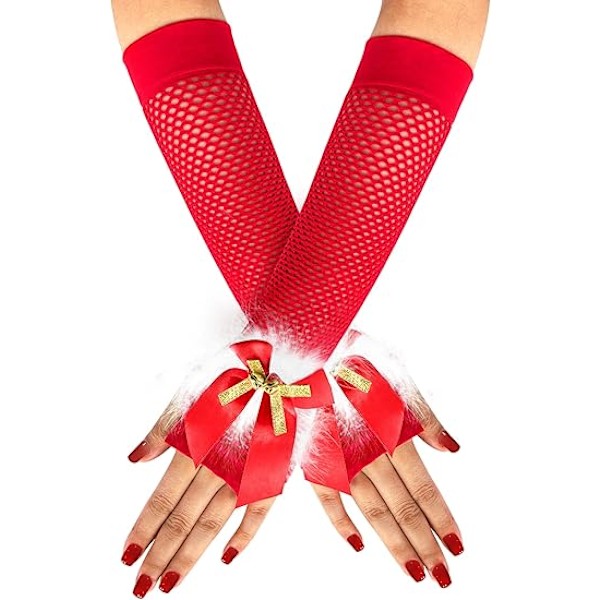 Julehansker for kvinner - Sexy Santa Fingerless Fiskenett-hansker med bjeller og sløyfer - Rød juleundertøy-kostymetilbehør