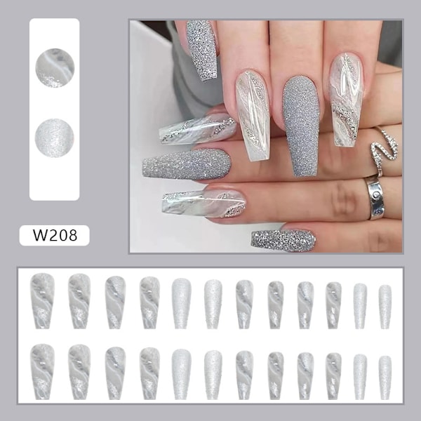 Grå Glitter Press On Nails Coffin Långa Falska Naglar Akryl Gradi