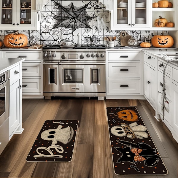 Artoid Mode Bats Black Cats Boo Pumpkin Halloween Køkkenmåtter Sæt af 2, Hjemmedekoration Lavprofil Køkkenmåtter til Gulv - 17x29 og 17x47 Tommer