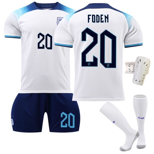 2022 Englands VM-tröja nr. 9 Kane 10 Sterling 19 Mount 20 Foden fotbollströja för barn No. 20 with socks + protective gear #16