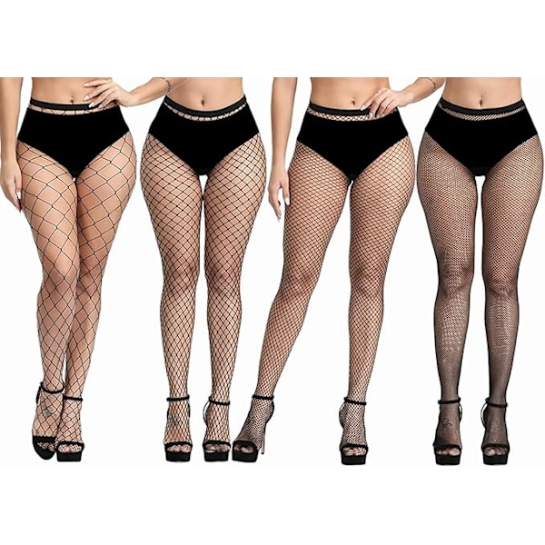 4 Paria Plus-kokoisia Fishnet-sukkia, Mustat Fishnet-sukkahousut Reisi-sukkahousut