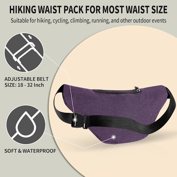 Midjebelte for kvinner og menn, Reisebelte for damer, Midjebelte for løping og gåing, Vanntett midjebelte, Justerbar Purple