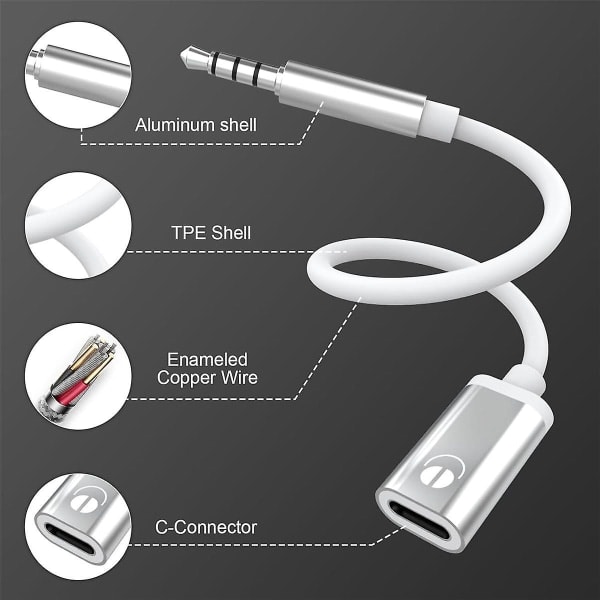 3,5 mm uros-uros-liitäntäkaapeli tyypin C naaras - 3,5 mm uros - äänensiirtokaapeli kuulokkeille MP3-soittimille kannettaville tietokoneille tableteille hopea