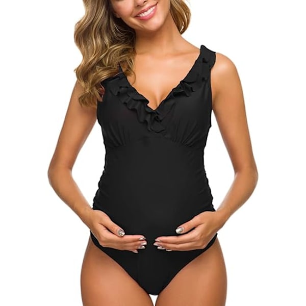 One Piece Graviditets Ruffle Badetøj Rygløs Monokini Dyb V-hals Sort XL XL
