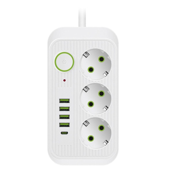 Vit 2M EU-kontakt Multi-Standard Uttag Förlängningssladd Strömremsa med USB Typ-C Snabbladdning Nät White
