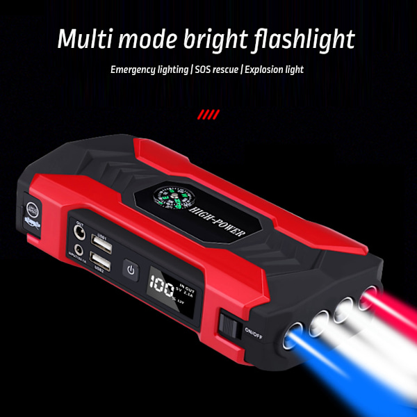 12V Motorbil Powerbank Starter Motor Bærbar Jump Starter med LED Lommelykt Biler Nødlader USB Lading Rød ed