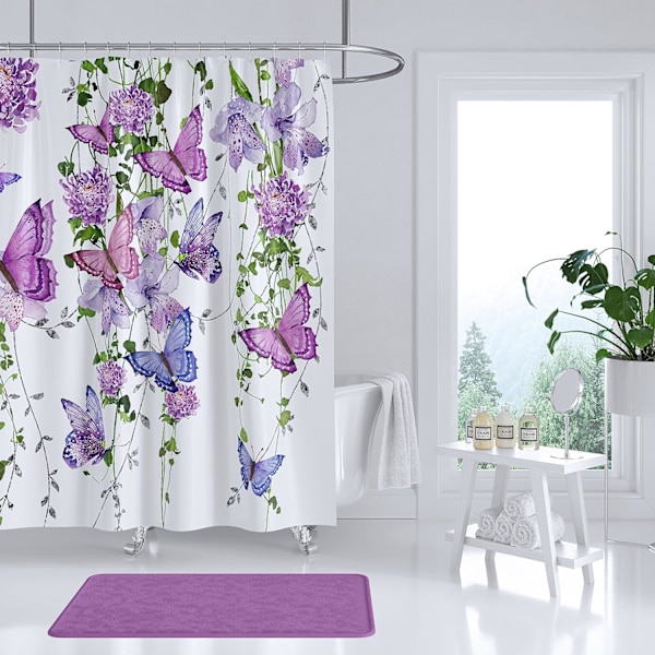 Lilla Bruseforhæng med Sommerfugle Bruseforhæng til Badeværelse, Sommer Bruseforhæng Lavendel Lilla Rosa 12 Kroge, 72X72 Tommer