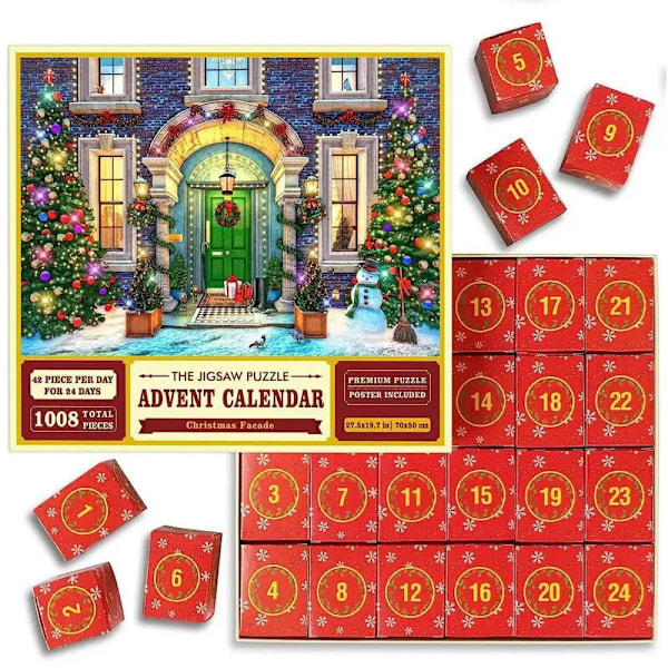 Adventskalender 2023 för Barn och Vuxna 1008 Pusselbitar 24 Dagars Julnedräkning Kalender Familjespel Julgåvor