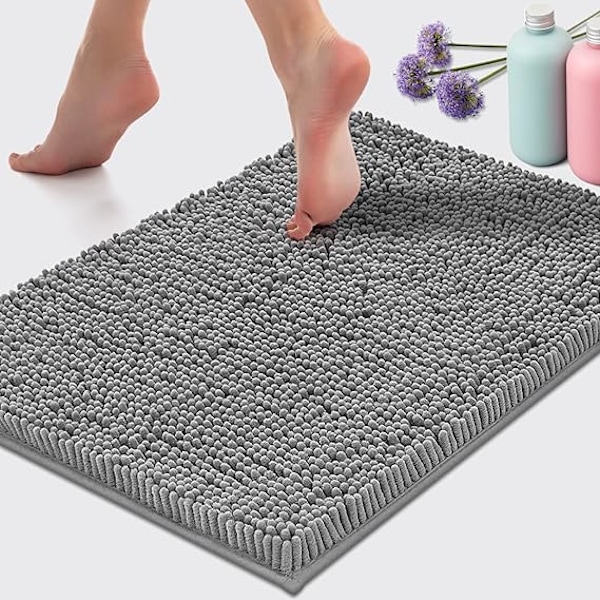 Badematte, ekstra myk plysj sklisikker baderomsmatte, luksuriøs chenille mikr grey